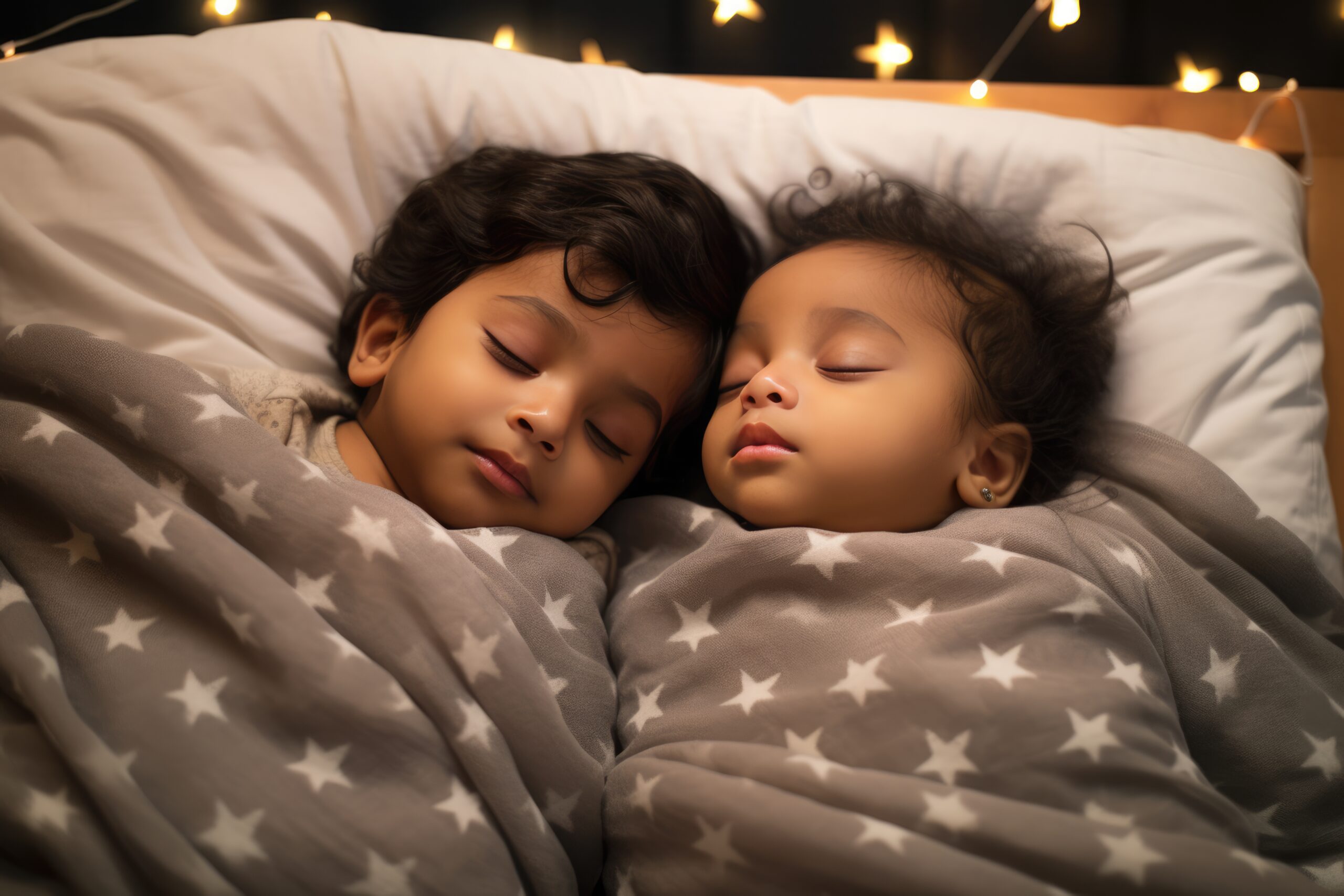 Adorable twin toddlers sleeping side by side in bed