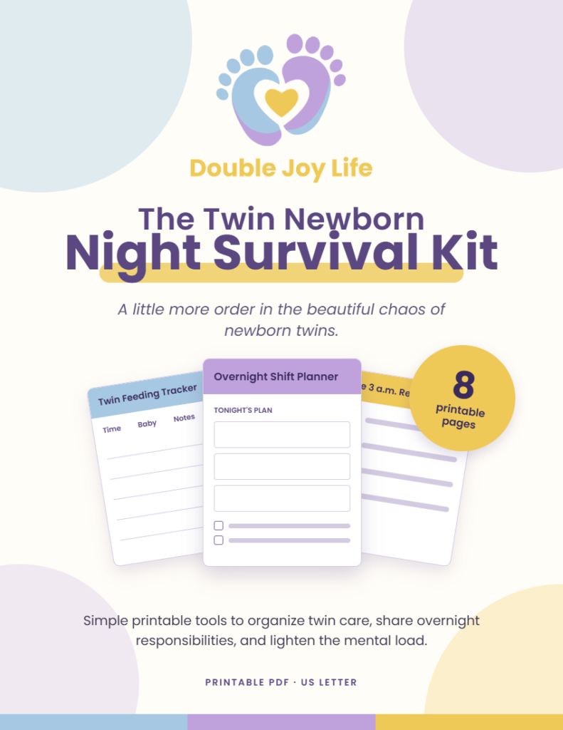 Cover of the Twin Newborn Night Survival Kit by Double Joy Life, showing the baby footprints logo and previews of the feeding tracker, overnight shift planner and 3 a.m. reset sheet. A badge says 8 printable pages.